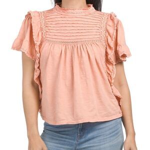 🍑 FREE PEOPLE 🍑 Le Femme Tee size L large peach coral cotton bell sleeve new